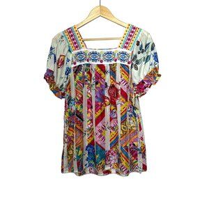 Johnny Was Mixed Print Silk Embroidered Top Womens Size XS Square Neck Boho Chic